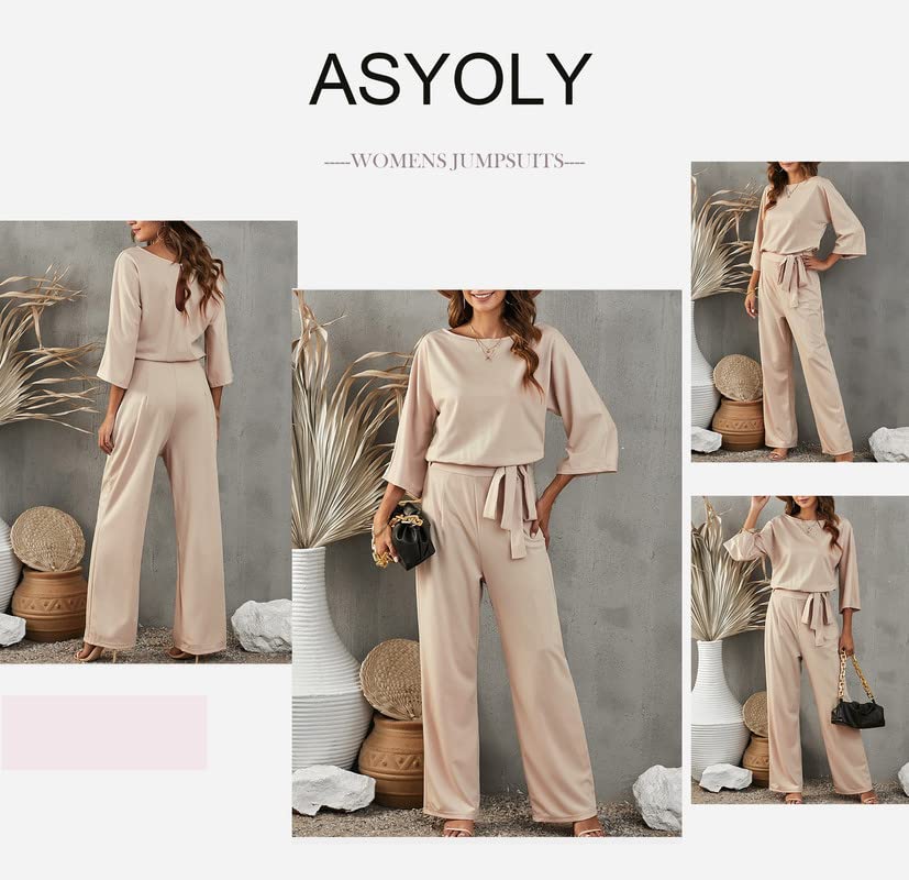 Dokotoo Jumpsuits for Women Casual Loose Batwing Sleeve Dressy Crewneck Rompers Long Pants Belted Wide Leg Overall