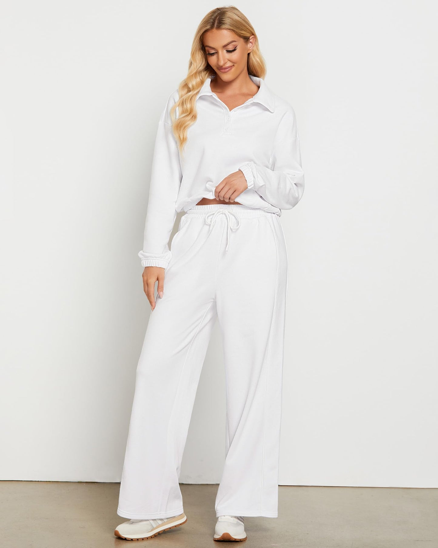 GRAPENT Sweatsuits Two Piece Sets for Women High Wasited Wide Leg Pants Fleece Button Pullover Sweatshirt Lounge Outfits