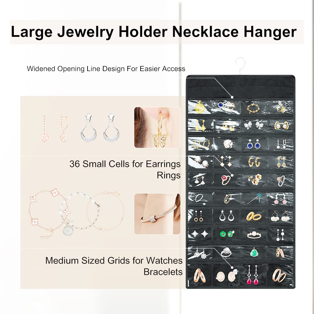 Hanging Jewelry Organizer， Double Side Large Jewelry Holder Necklace Hanger with 48 Pockets and 8 Hook & Loops Closet Necklace Holder for Earrings, Rings on Closet, Wall -1 Pack