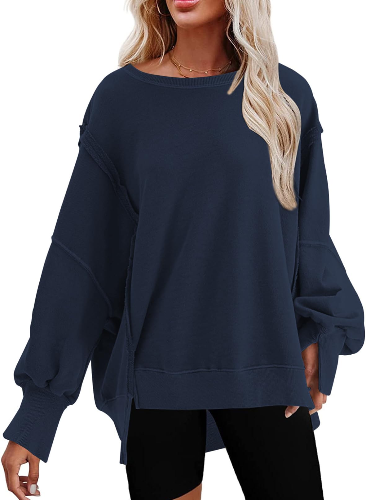 SHEWIN Womens Oversized Reverse Seam Sweatshirt Casual Long Sleeve Crewneck Lightweight Pullover Tops Loose Sweatshirts