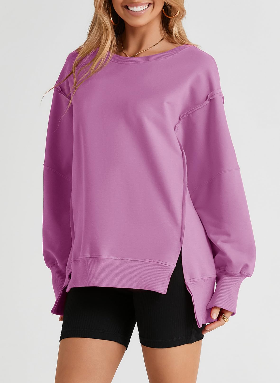 SHEWIN Womens Oversized Reverse Seam Sweatshirt Casual Long Sleeve Crewneck Lightweight Pullover Tops Loose Sweatshirts