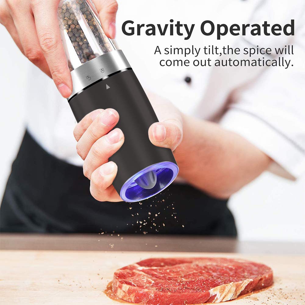 Electric Salt and Pepper Grinder set of 2, Automatic Salt and Pepper Mill Grinder, Adjustable Roughness, Battery Powered with Blue LED Light, Stainless Steel with One Hand Operation (Sliver)