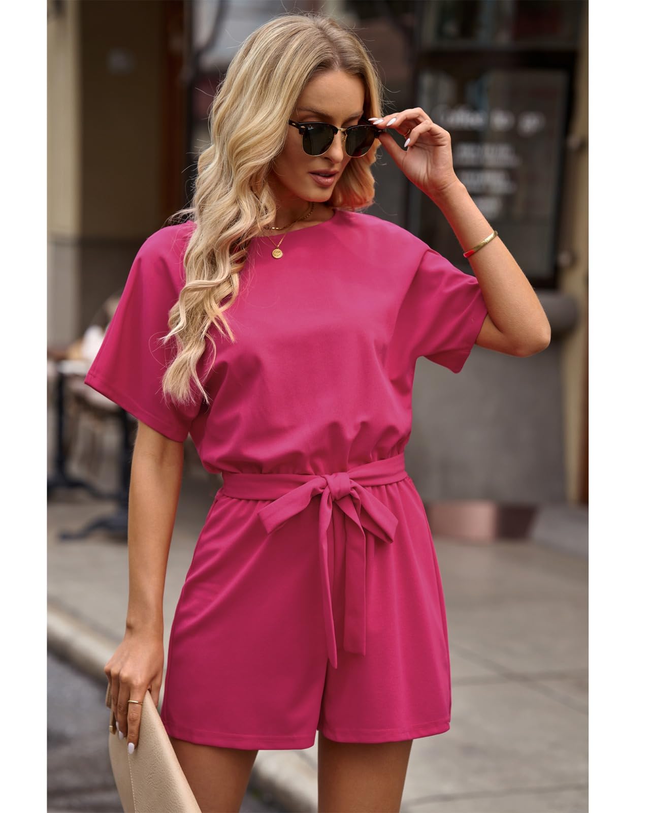 Vetinee Womens Summer Belted Romper Keyhole Back Short Sleeve Jumpsuit Playsuit