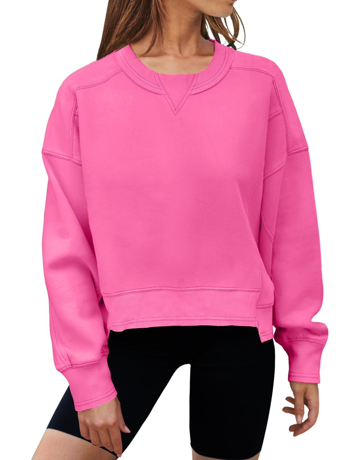 MEROKEETY Women's Oversized Cropped Sweatshirts Crewneck Fleece Workout Pullover Sweater Fall Outfits