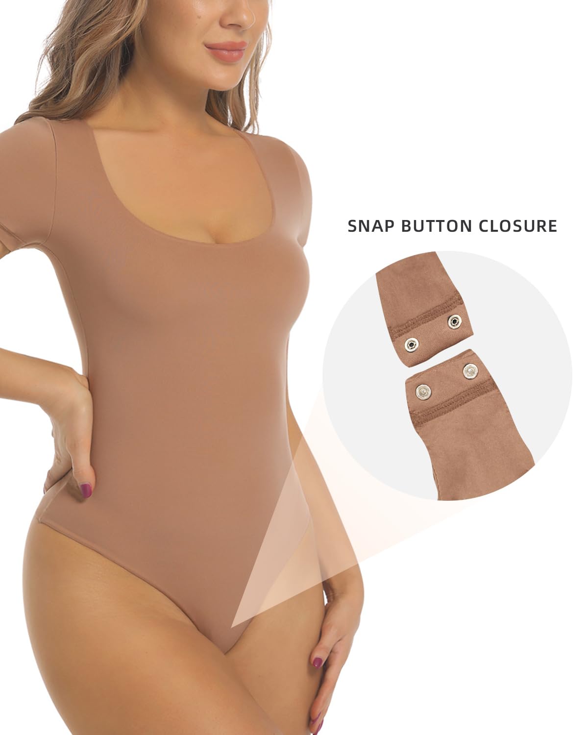 SHAPERX Women's Fit Everybody Bodysuit Soft Crew Neck T-shirt Body Suits with Thong Design