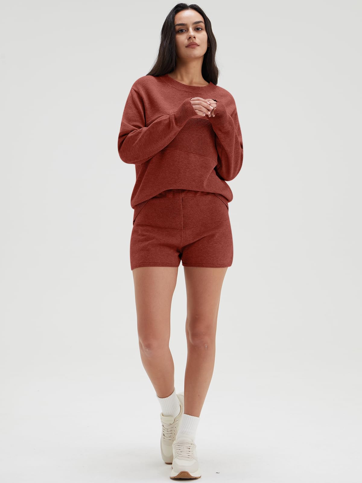 DEEP SELF Women's 2 Piece Outfits Sweater Sets Casual Long Sleeve Knit Pullover Tops and Shorts Lounge Loungewear Set