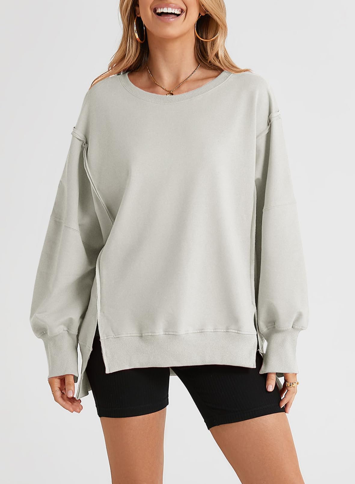SHEWIN Womens Oversized Reverse Seam Sweatshirt Casual Long Sleeve Crewneck Lightweight Pullover Tops Loose Sweatshirts