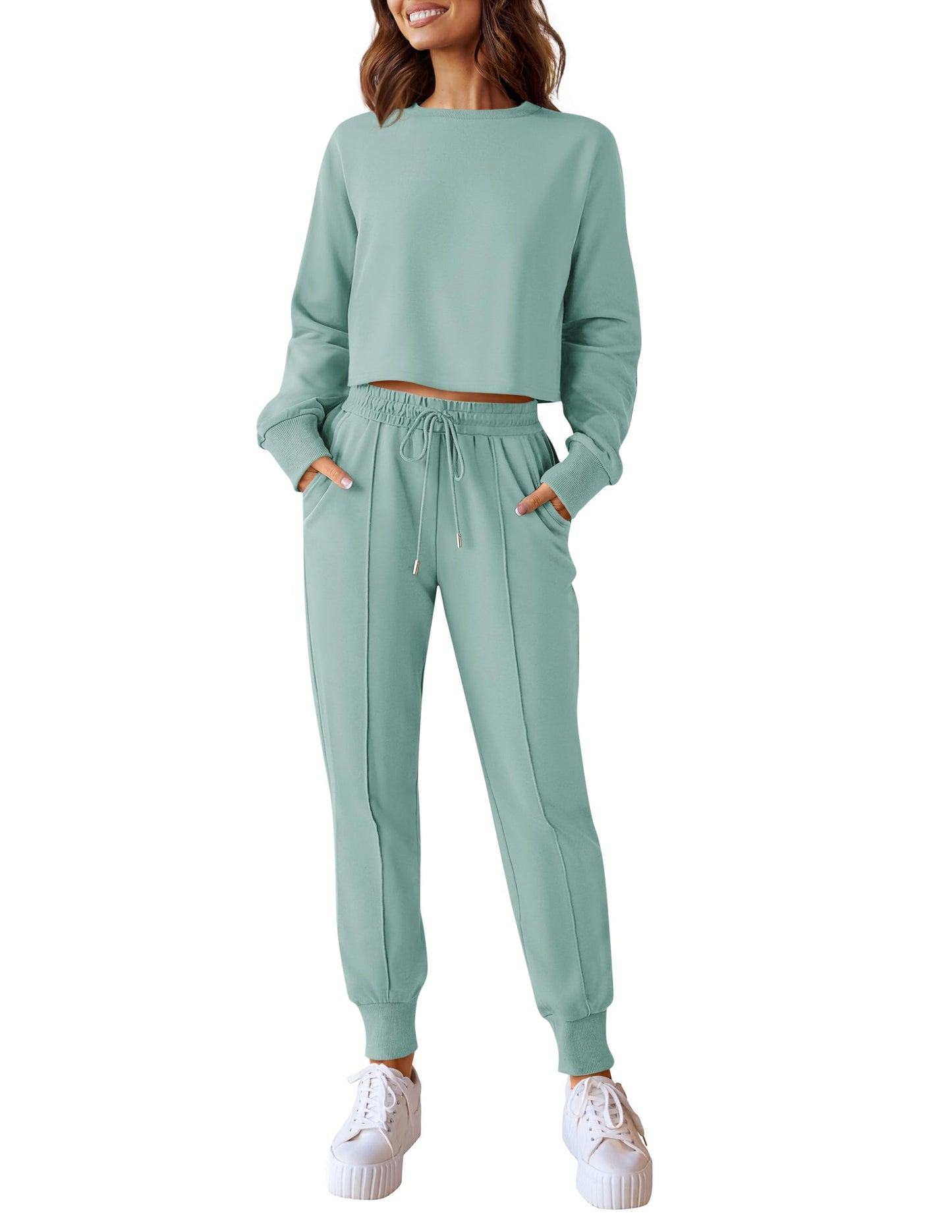 ZESICA Women's Long Sleeve Crop Top and Pants Pajama Sets 2 Piece Jogger Long Sleepwear Loungewear Pjs Sets