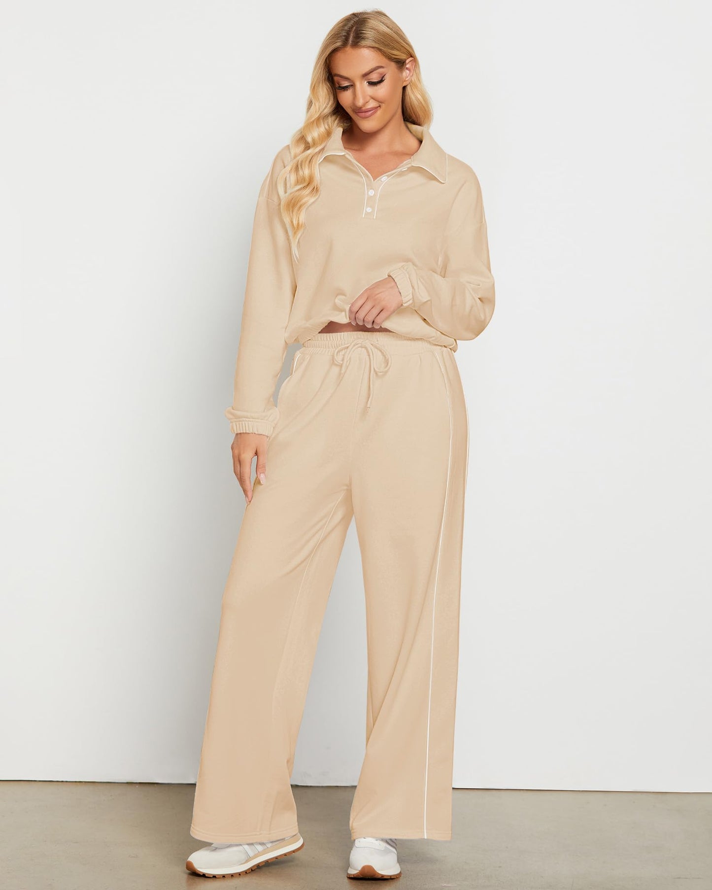 GRAPENT Sweatsuits Two Piece Sets for Women High Wasited Wide Leg Pants Fleece Button Pullover Sweatshirt Lounge Outfits