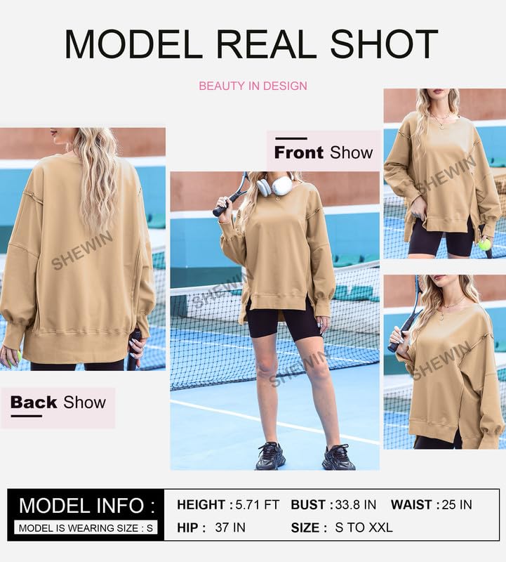 SHEWIN Womens Oversized Reverse Seam Sweatshirt Casual Long Sleeve Crewneck Lightweight Pullover Tops Loose Sweatshirts