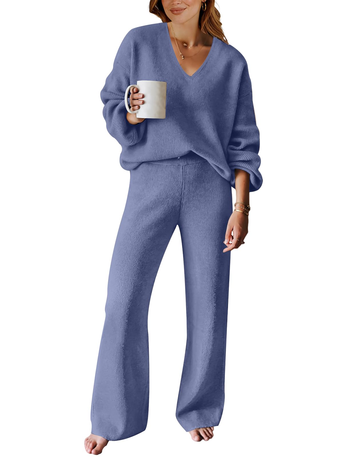 ANRABESS Women 2 Piece Outfits Sweater Lounge Sets Long Sleeve Cable Knit Pullover and Wide Leg Pants Tracksuit Matching Set