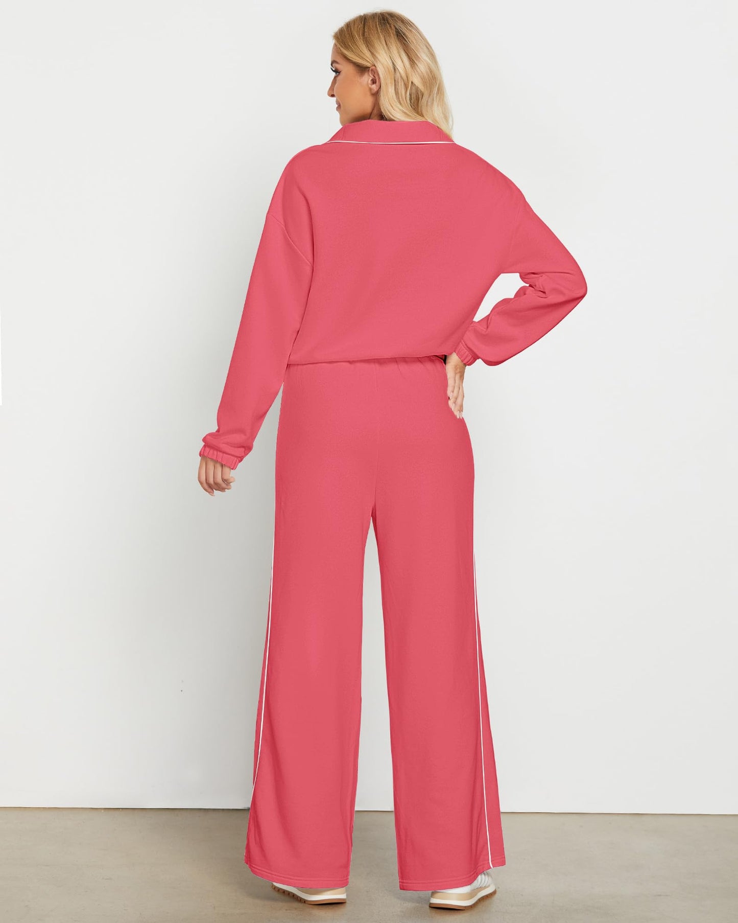 GRAPENT Sweatsuits Two Piece Sets for Women High Wasited Wide Leg Pants Fleece Button Pullover Sweatshirt Lounge Outfits