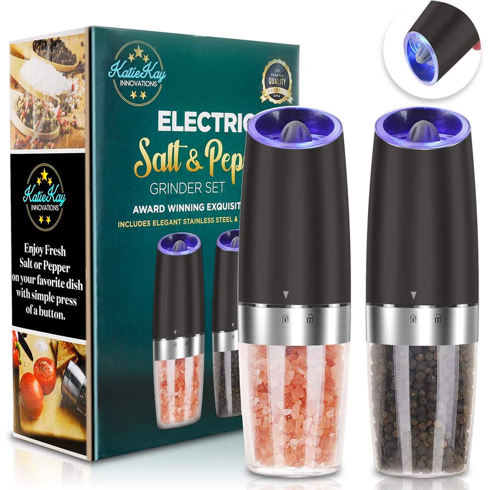 Electric Salt and Pepper Grinder set of 2, Automatic Salt and Pepper Mill Grinder, Adjustable Roughness, Battery Powered with Blue LED Light, Stainless Steel with One Hand Operation (Sliver)