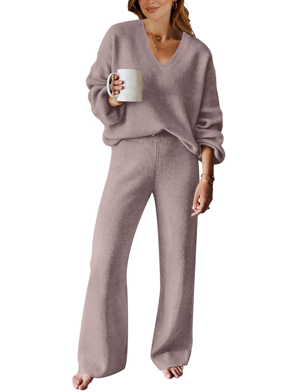 ANRABESS Women 2 Piece Outfits Sweater Lounge Sets Long Sleeve Cable Knit Pullover and Wide Leg Pants Tracksuit Matching Set