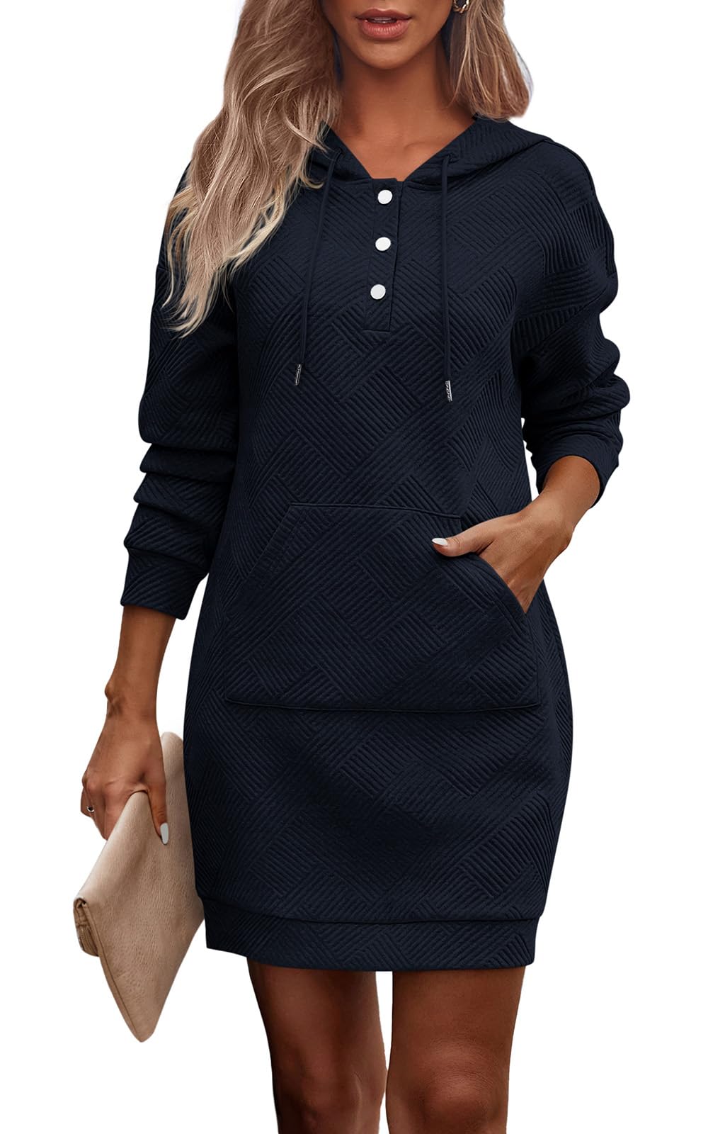 PRETTYGARDEN Long Sleeve Hoodies Dress 2024 Fall Trendy Texture Sweatshirts Outfits Button Hooded Dresses With Pockets