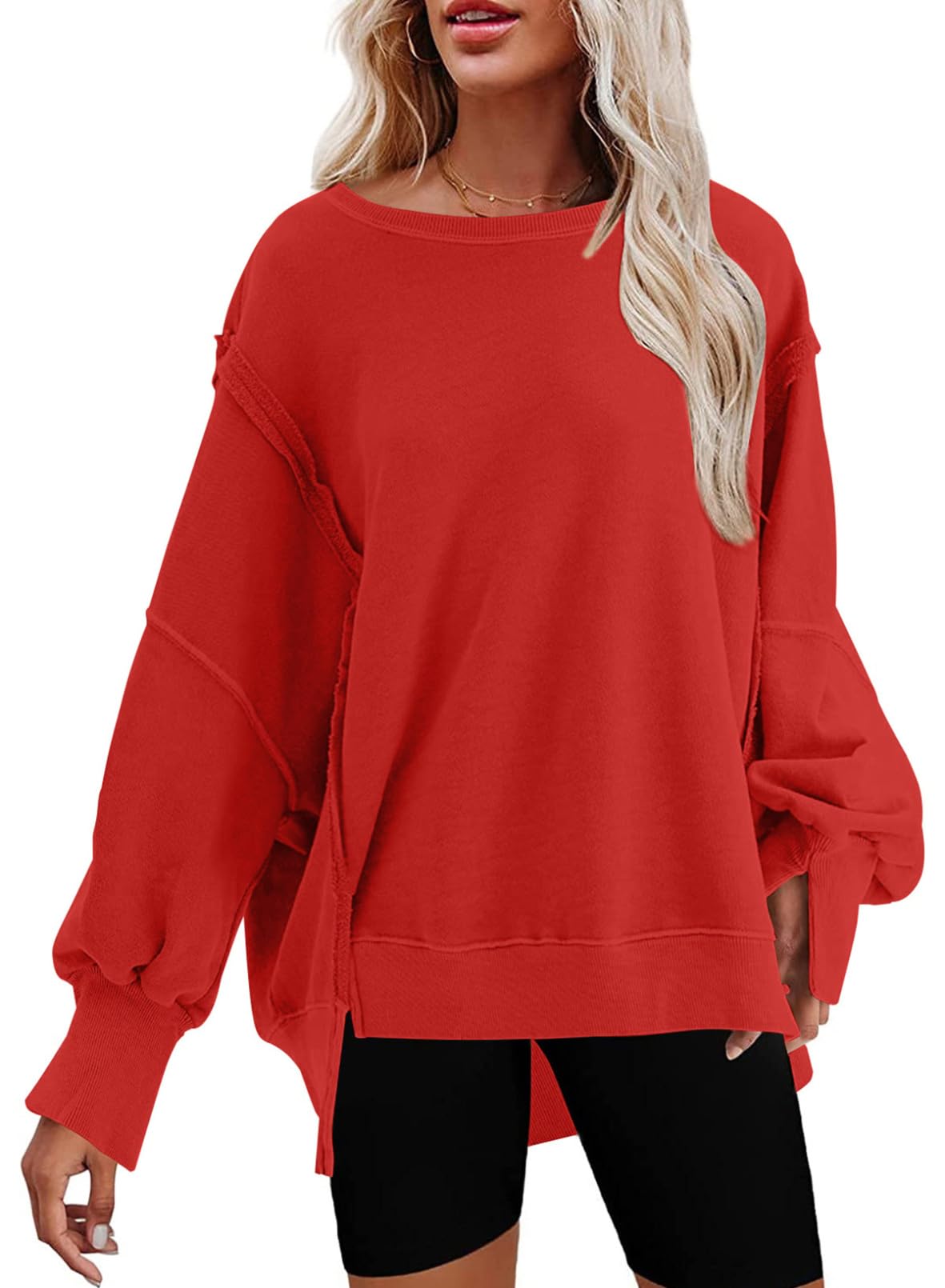 SHEWIN Womens Oversized Reverse Seam Sweatshirt Casual Long Sleeve Crewneck Lightweight Pullover Tops Loose Sweatshirts