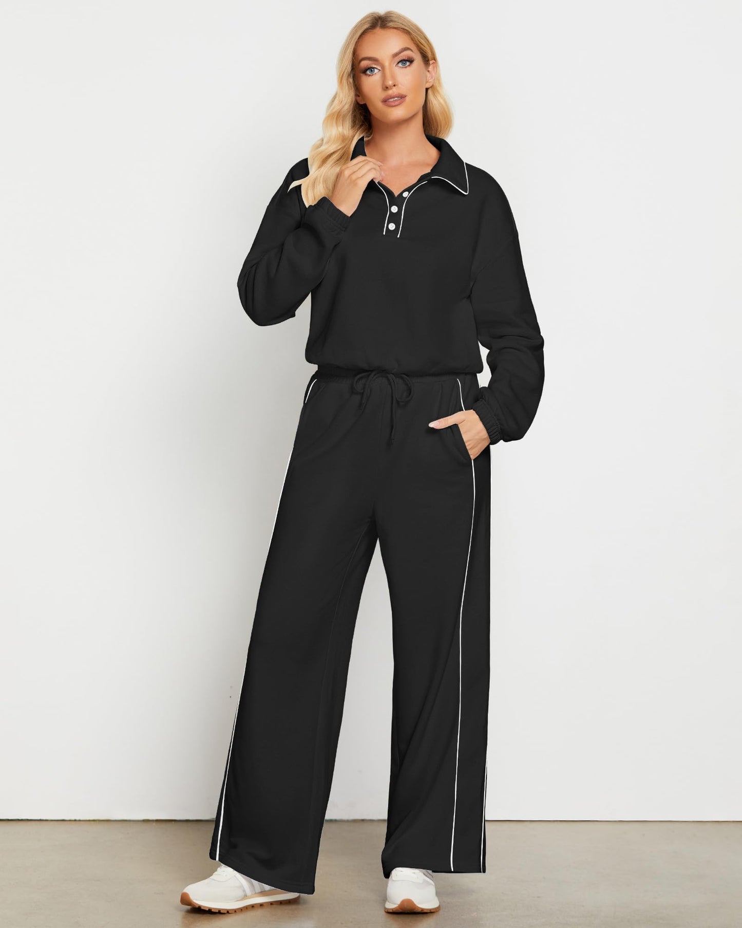 GRAPENT Sweatsuits Two Piece Sets for Women High Wasited Wide Leg Pants Fleece Button Pullover Sweatshirt Lounge Outfits