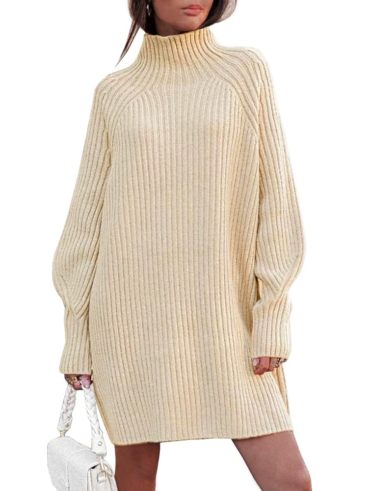 LILLUSORY Mock Neck Sweater Dress for Women Long Lantern Sleeve Oversized 2024 Fall Trendy Dress Ribbed Knit Sweater