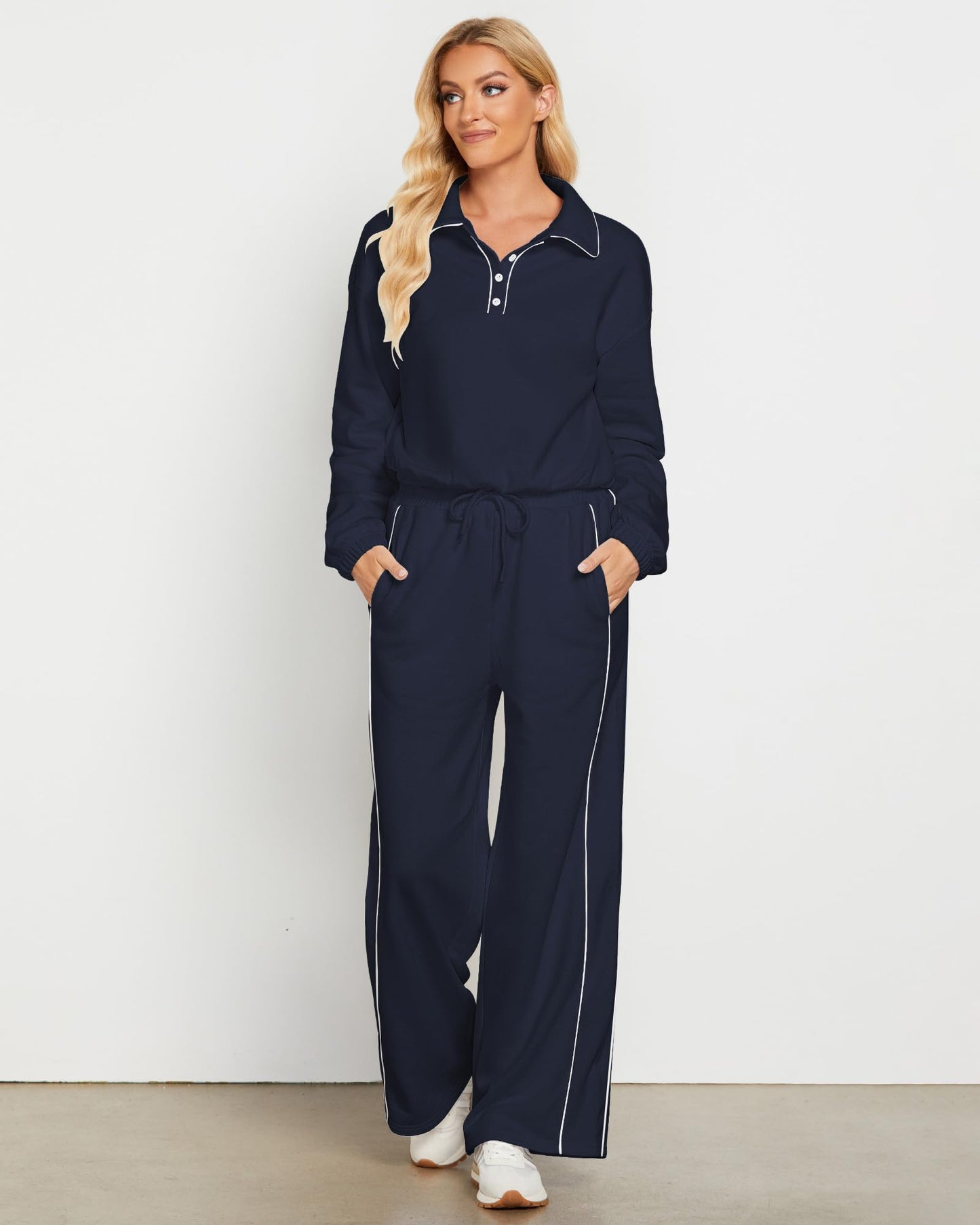 GRAPENT Sweatsuits Two Piece Sets for Women High Wasited Wide Leg Pants Fleece Button Pullover Sweatshirt Lounge Outfits