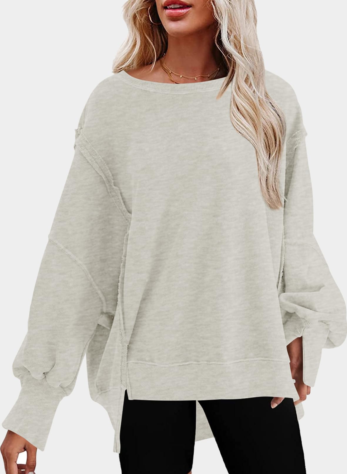 SHEWIN Womens Oversized Reverse Seam Sweatshirt Casual Long Sleeve Crewneck Lightweight Pullover Tops Loose Sweatshirts