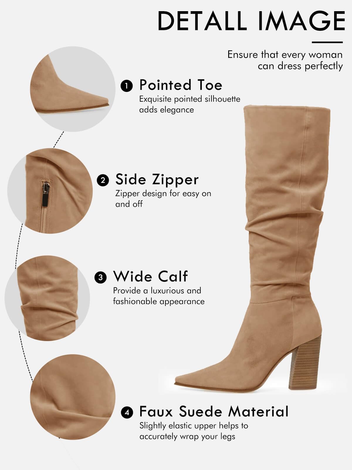 PiePieBuy Womens Faux Suede Knee High Boots Pointed Toe High Chunky Heel Side Zipper Party Dress Booties
