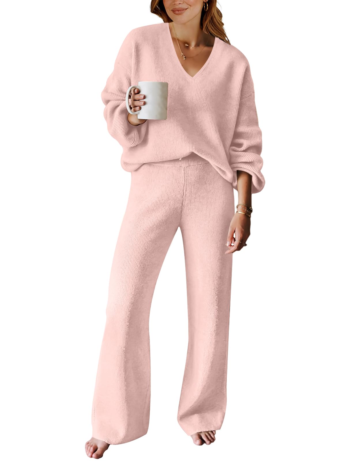 ANRABESS Women 2 Piece Outfits Sweater Lounge Sets Long Sleeve Cable Knit Pullover and Wide Leg Pants Tracksuit Matching Set