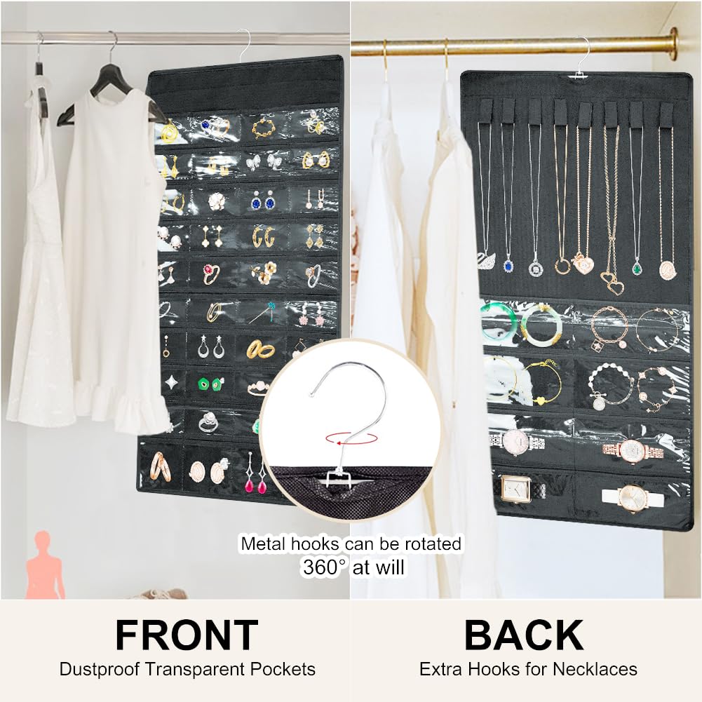 Hanging Jewelry Organizer， Double Side Large Jewelry Holder Necklace Hanger with 48 Pockets and 8 Hook & Loops Closet Necklace Holder for Earrings, Rings on Closet, Wall -1 Pack