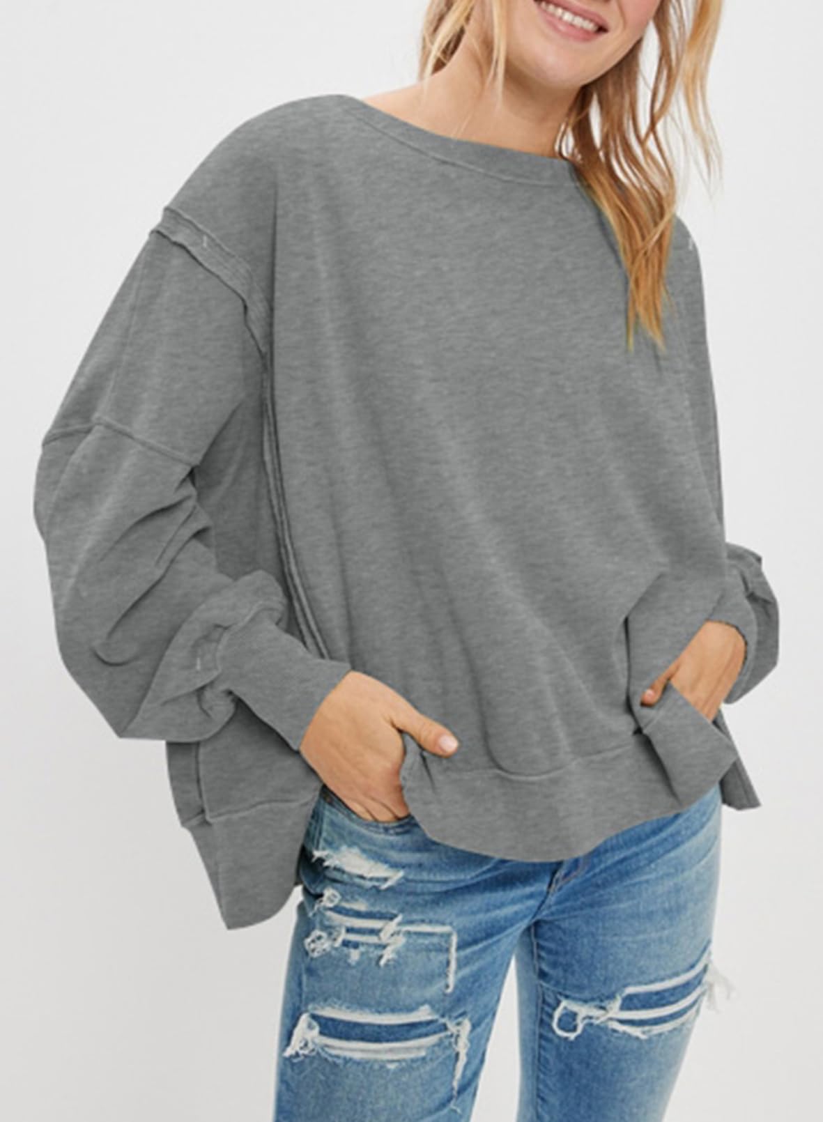 SHEWIN Womens Oversized Reverse Seam Sweatshirt Casual Long Sleeve Crewneck Lightweight Pullover Tops Loose Sweatshirts