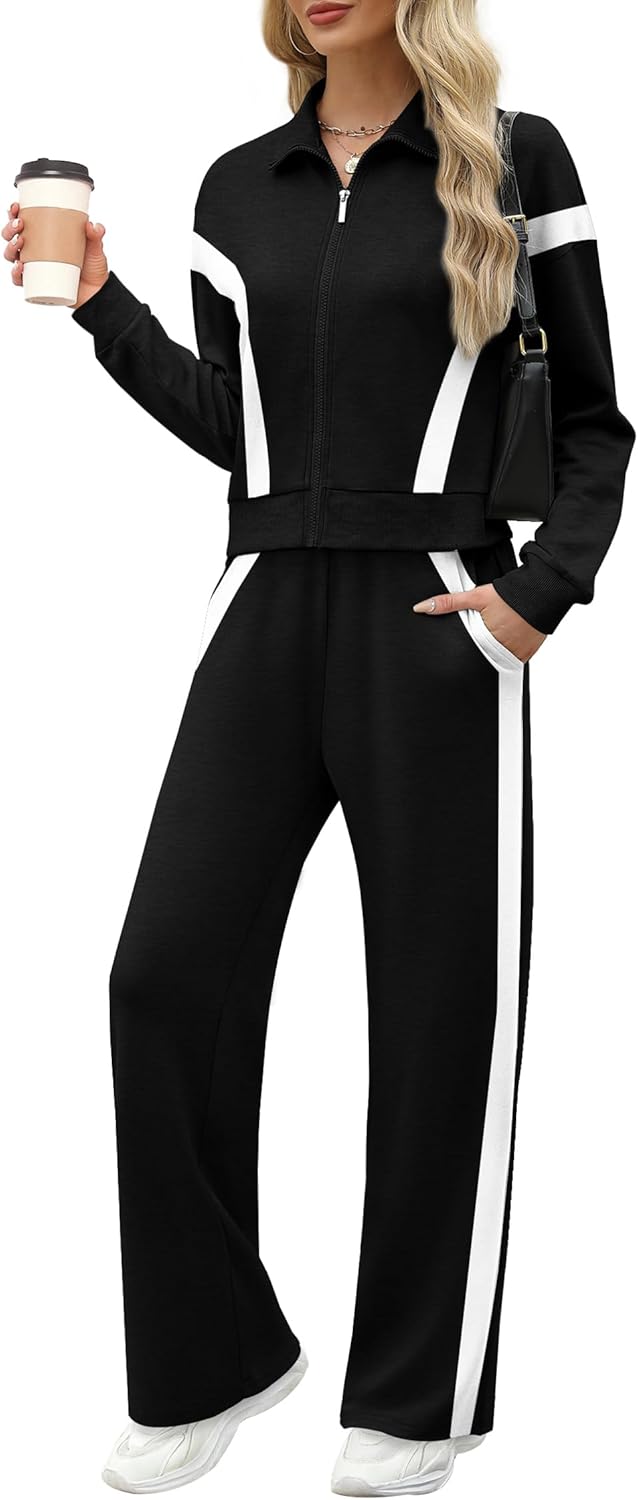 XIEERDUO Lounge Sets for Women 2024 Sweatsuit 2 Piece Outfits Sweatshirt Wide Leg Sweatpant Tracksuit Matching Set