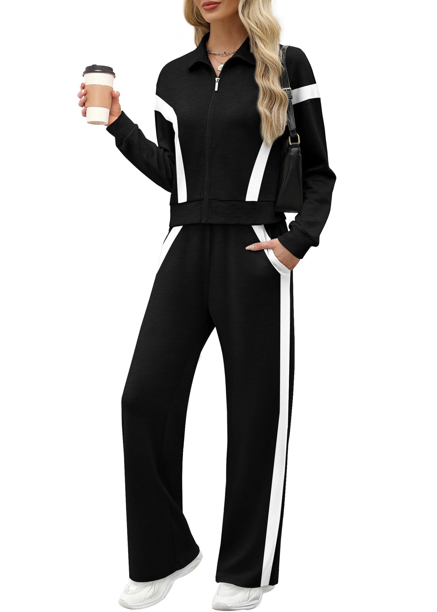 XIEERDUO Lounge Sets for Women 2024 Sweatsuit 2 Piece Outfits Sweatshirt Wide Leg Sweatpant Tracksuit Matching Set
