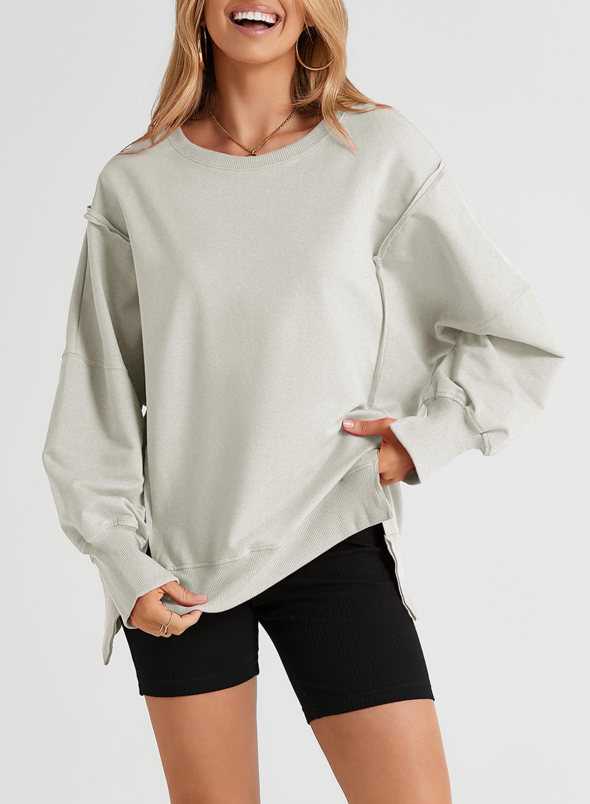 SHEWIN Womens Oversized Reverse Seam Sweatshirt Casual Long Sleeve Crewneck Lightweight Pullover Tops Loose Sweatshirts