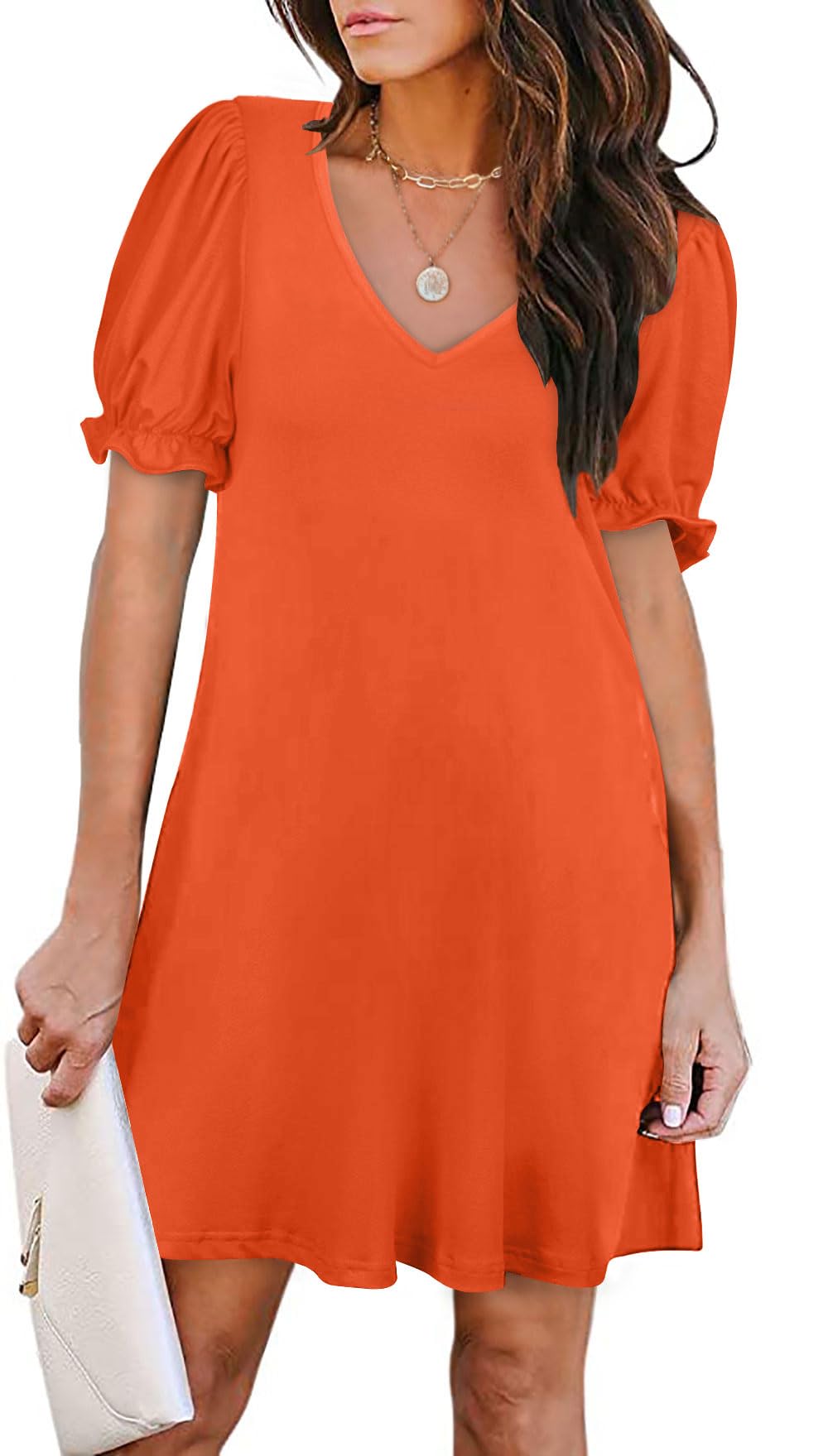 Women's Casual Dresses Puff Short Sleeve V-Neck Cocktail Dress with Pockets