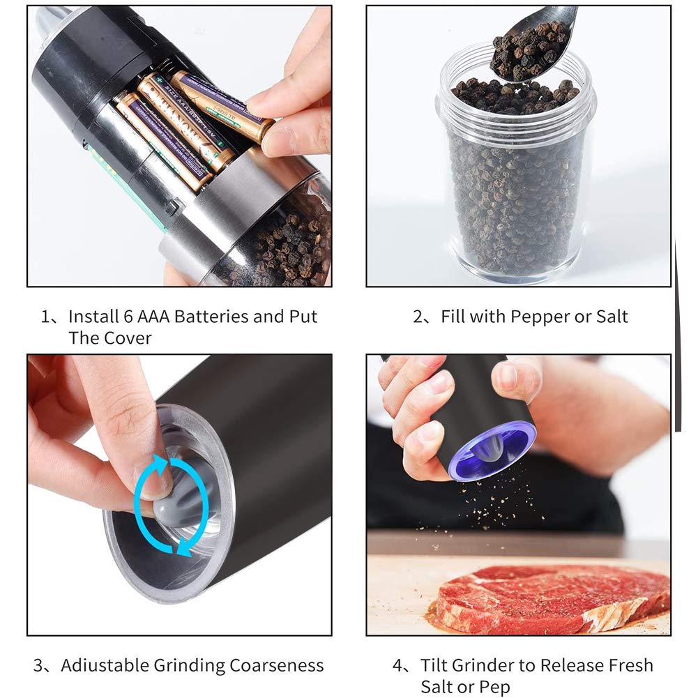 Electric Salt and Pepper Grinder set of 2, Automatic Salt and Pepper Mill Grinder, Adjustable Roughness, Battery Powered with Blue LED Light, Stainless Steel with One Hand Operation (Sliver)