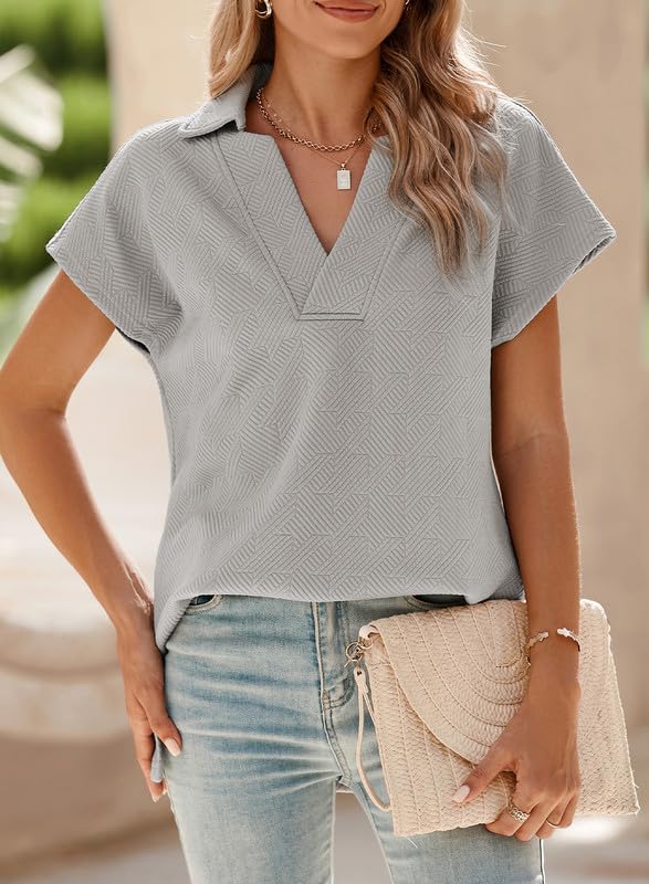 SHEWIN Women's Polo Shirts Casual Collared Short Sleeve Shirt Loose V Neck Tunic Tops