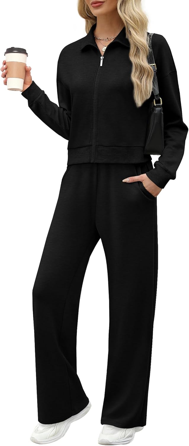 XIEERDUO Lounge Sets for Women 2024 Sweatsuit 2 Piece Outfits Sweatshirt Wide Leg Sweatpant Tracksuit Matching Set
