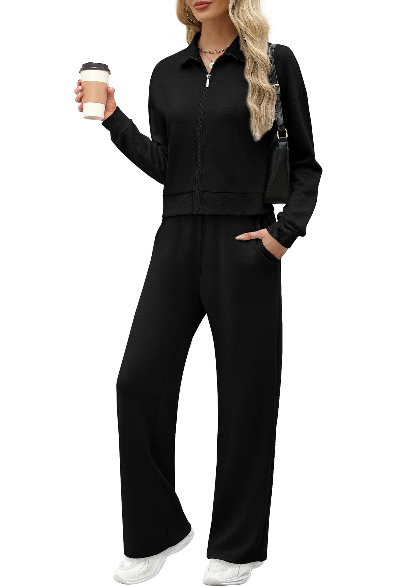 XIEERDUO Lounge Sets for Women 2024 Sweatsuit 2 Piece Outfits Sweatshirt Wide Leg Sweatpant Tracksuit Matching Set