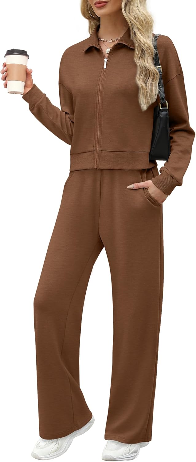 XIEERDUO Lounge Sets for Women 2024 Sweatsuit 2 Piece Outfits Sweatshirt Wide Leg Sweatpant Tracksuit Matching Set