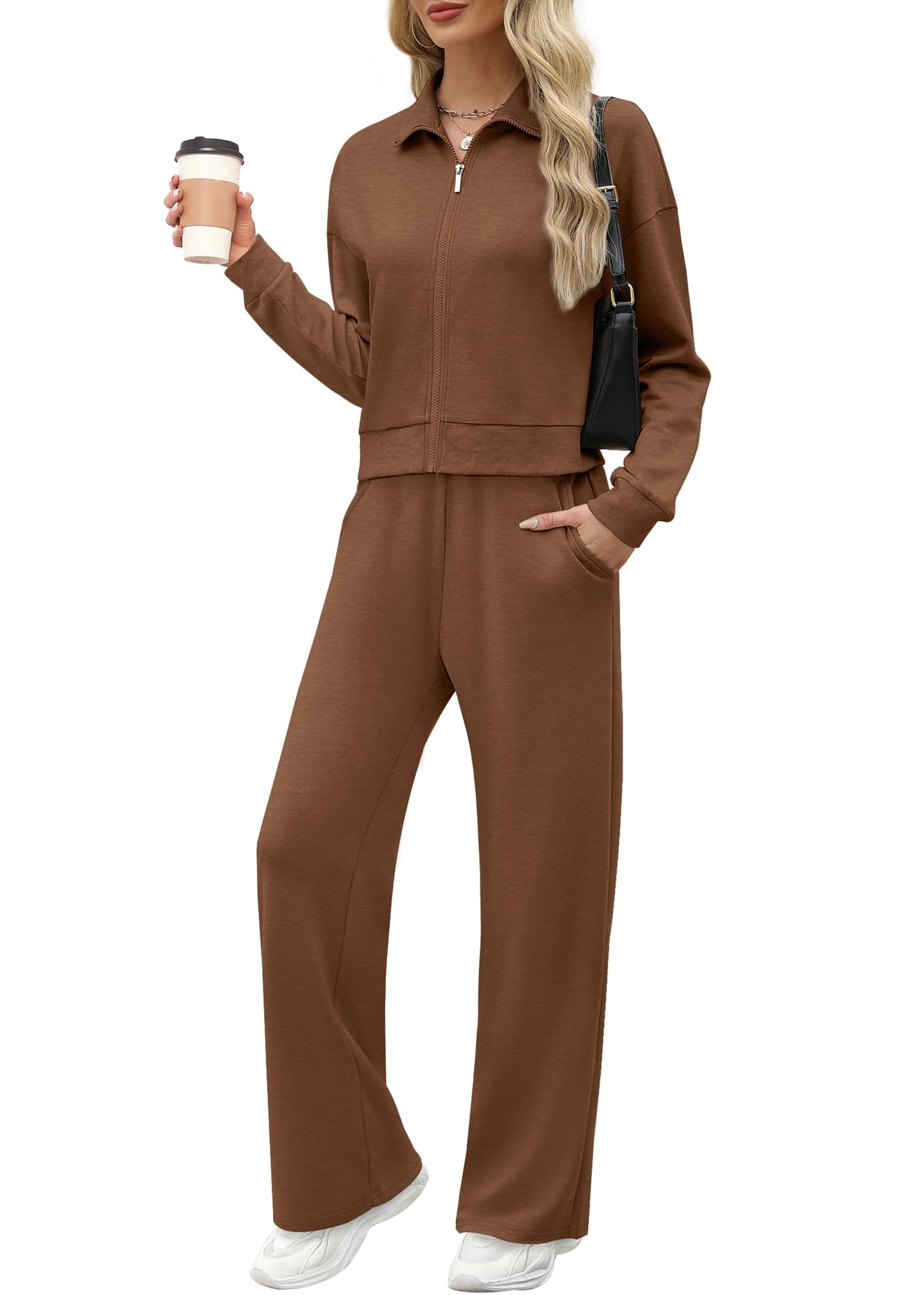 XIEERDUO Lounge Sets for Women 2024 Sweatsuit 2 Piece Outfits Sweatshirt Wide Leg Sweatpant Tracksuit Matching Set