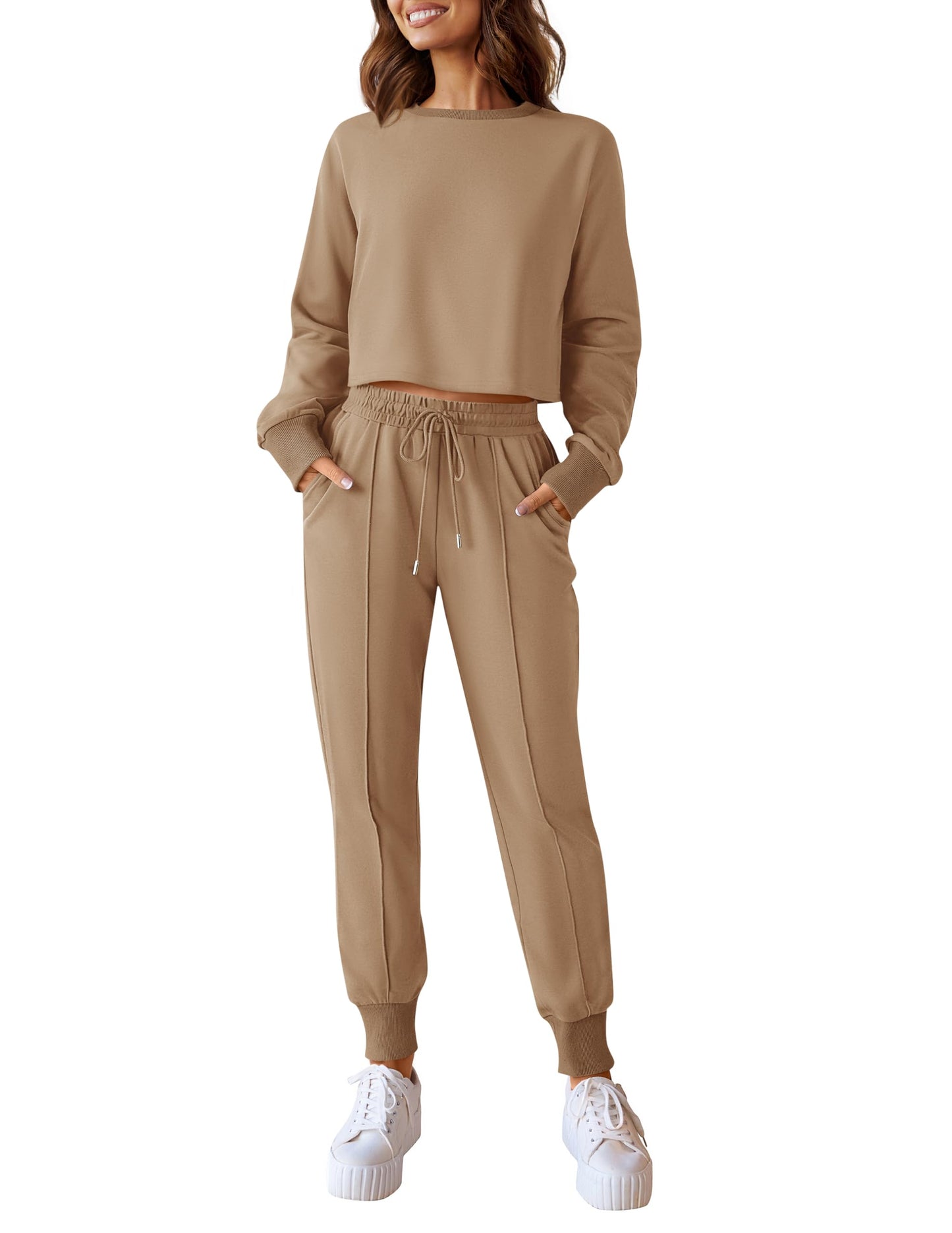 ZESICA Women's Long Sleeve Crop Top and Pants Pajama Sets 2 Piece Jogger Long Sleepwear Loungewear Pjs Sets