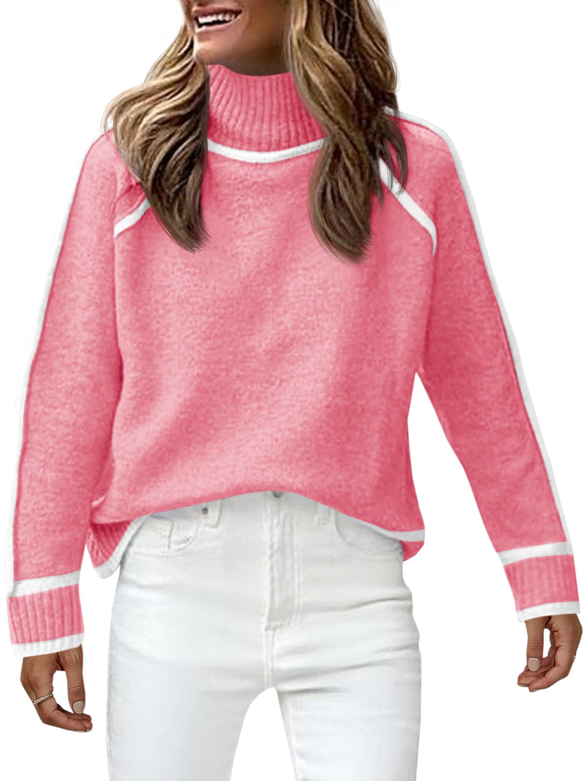 Saodimallsu Womens Turtle Mock Neck Pullover Sweater Color Block 2024 Fall Trendy Casual Knit Loose Long Sleeve Sweaters