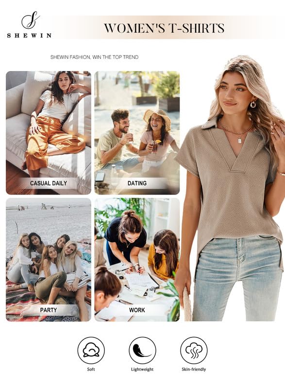 SHEWIN Women's Polo Shirts Casual Collared Short Sleeve Shirt Loose V Neck Tunic Tops
