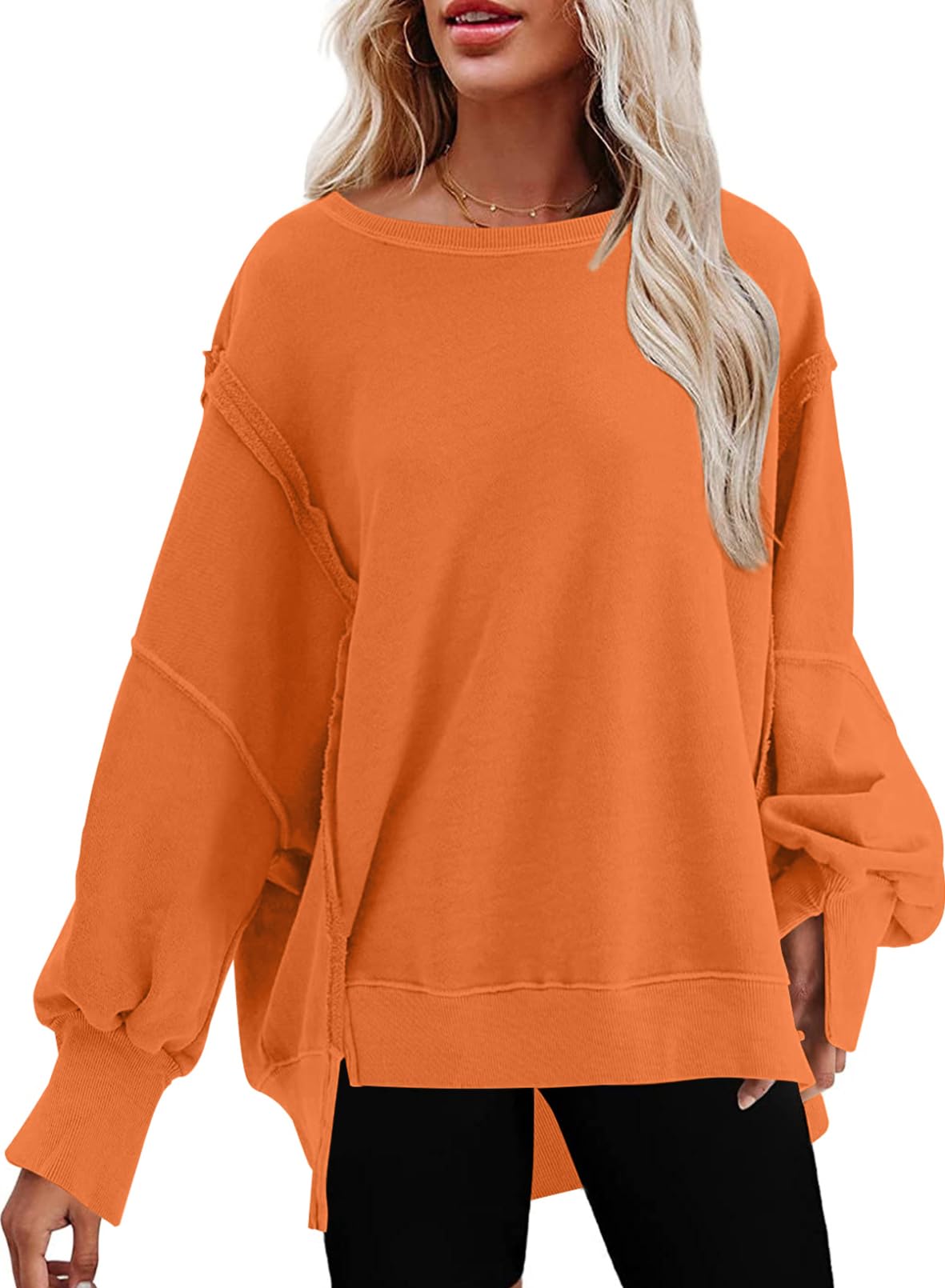 SHEWIN Womens Oversized Reverse Seam Sweatshirt Casual Long Sleeve Crewneck Lightweight Pullover Tops Loose Sweatshirts