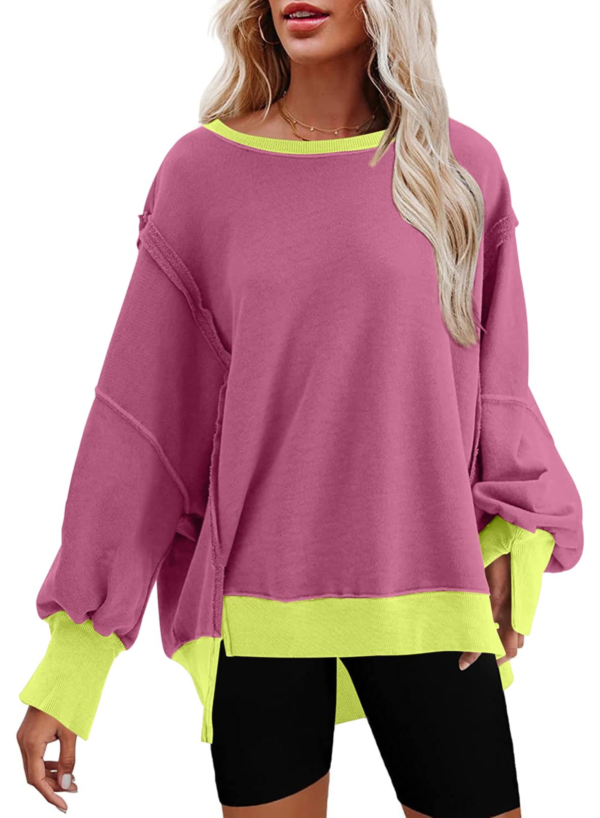SHEWIN Womens Oversized Reverse Seam Sweatshirt Casual Long Sleeve Crewneck Lightweight Pullover Tops Loose Sweatshirts