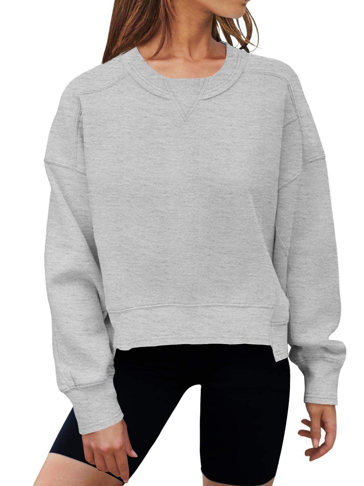 MEROKEETY Women's Oversized Cropped Sweatshirts Crewneck Fleece Workout Pullover Sweater Fall Outfits