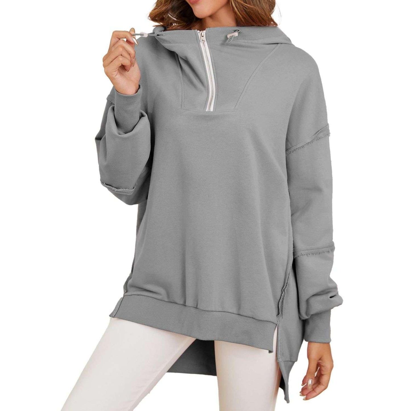 Women’s Quarter Zip Hoodies Long Sleeve Side Slit Sweatshirts Loose Drop Shoulder Drawstring Hooded Pullover Top