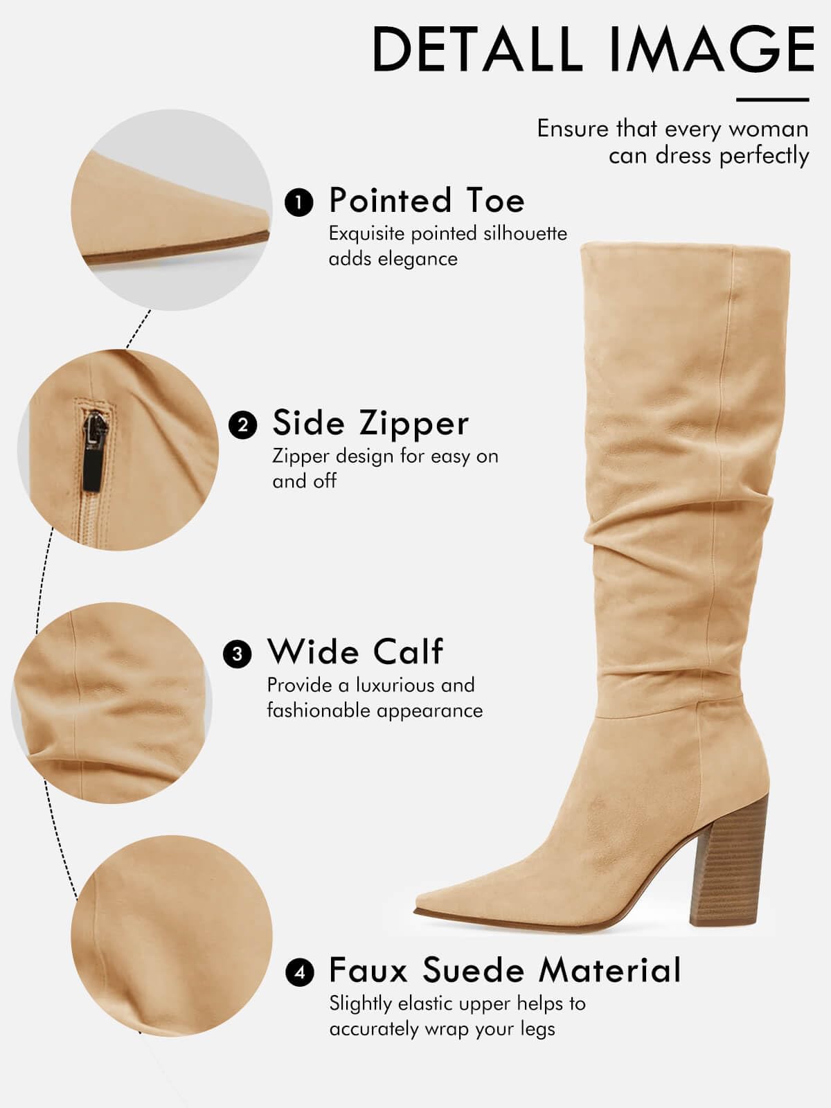 PiePieBuy Womens Faux Suede Knee High Boots Pointed Toe High Chunky Heel Side Zipper Party Dress Booties