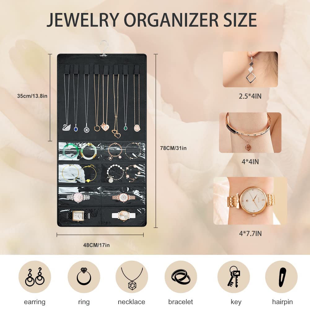 Hanging Jewelry Organizer， Double Side Large Jewelry Holder Necklace Hanger with 48 Pockets and 8 Hook & Loops Closet Necklace Holder for Earrings, Rings on Closet, Wall -1 Pack