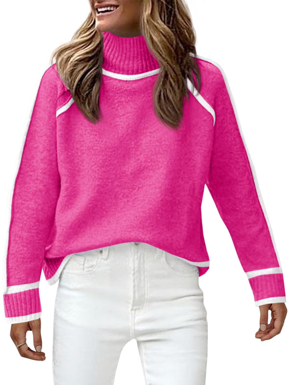 Saodimallsu Womens Turtle Mock Neck Pullover Sweater Color Block 2024 Fall Trendy Casual Knit Loose Long Sleeve Sweaters