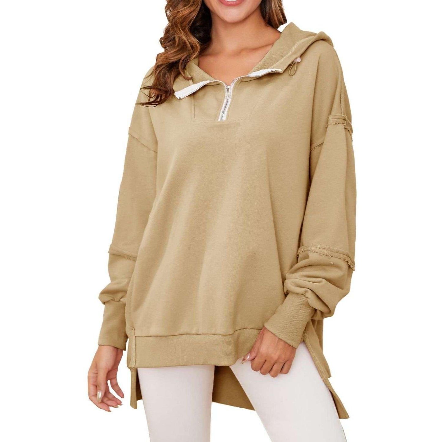 Women’s Quarter Zip Hoodies Long Sleeve Side Slit Sweatshirts Loose Drop Shoulder Drawstring Hooded Pullover Top