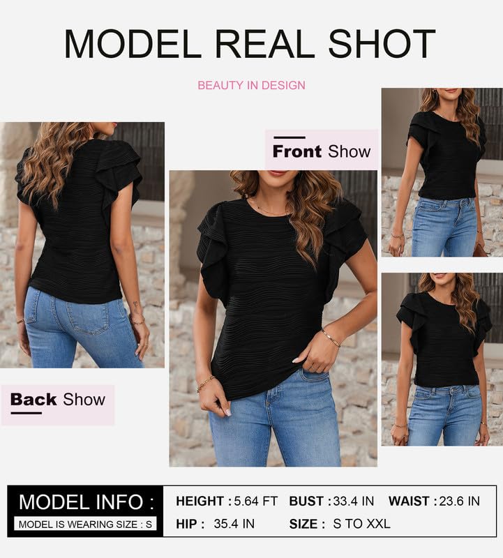 SHEWIN Womens Tops Casual Crewneck Ruffle Short Sleeve T Shirts Slim Fit Dressy Blouses